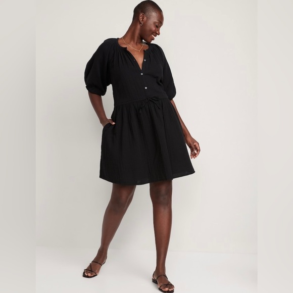NWT! Black Waist-Defined Puff-Sleeve Mini Poet Dress - Size XL Tall - Picture 5 of 8
